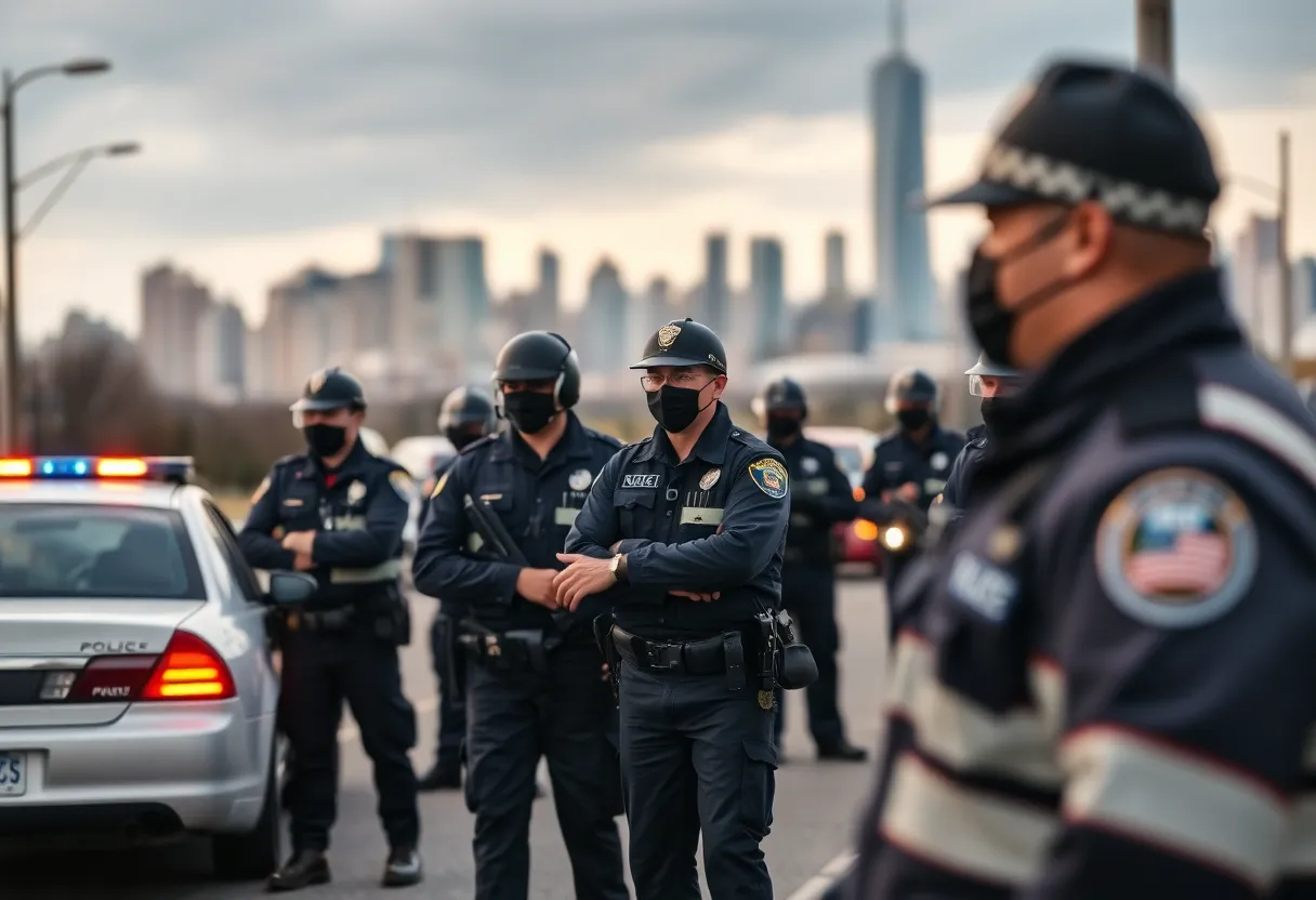 Police officers arresting a suspect in a city environment