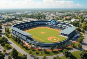 Rendering of a new multi-purpose stadium in Bristol, Virginia, designed for baseball and community events.