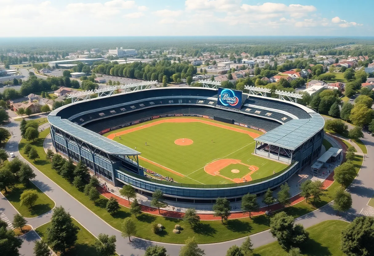 Rendering of a new multi-purpose stadium in Bristol, Virginia, designed for baseball and community events.