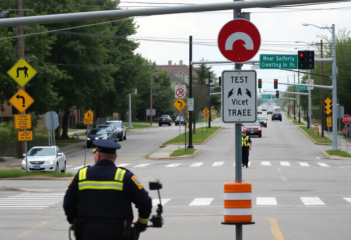 A street intersection in Bristol with traffic signs and police cars