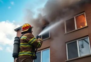 Firefighters responding to an apartment fire in Bristol VA, with visible smoke.