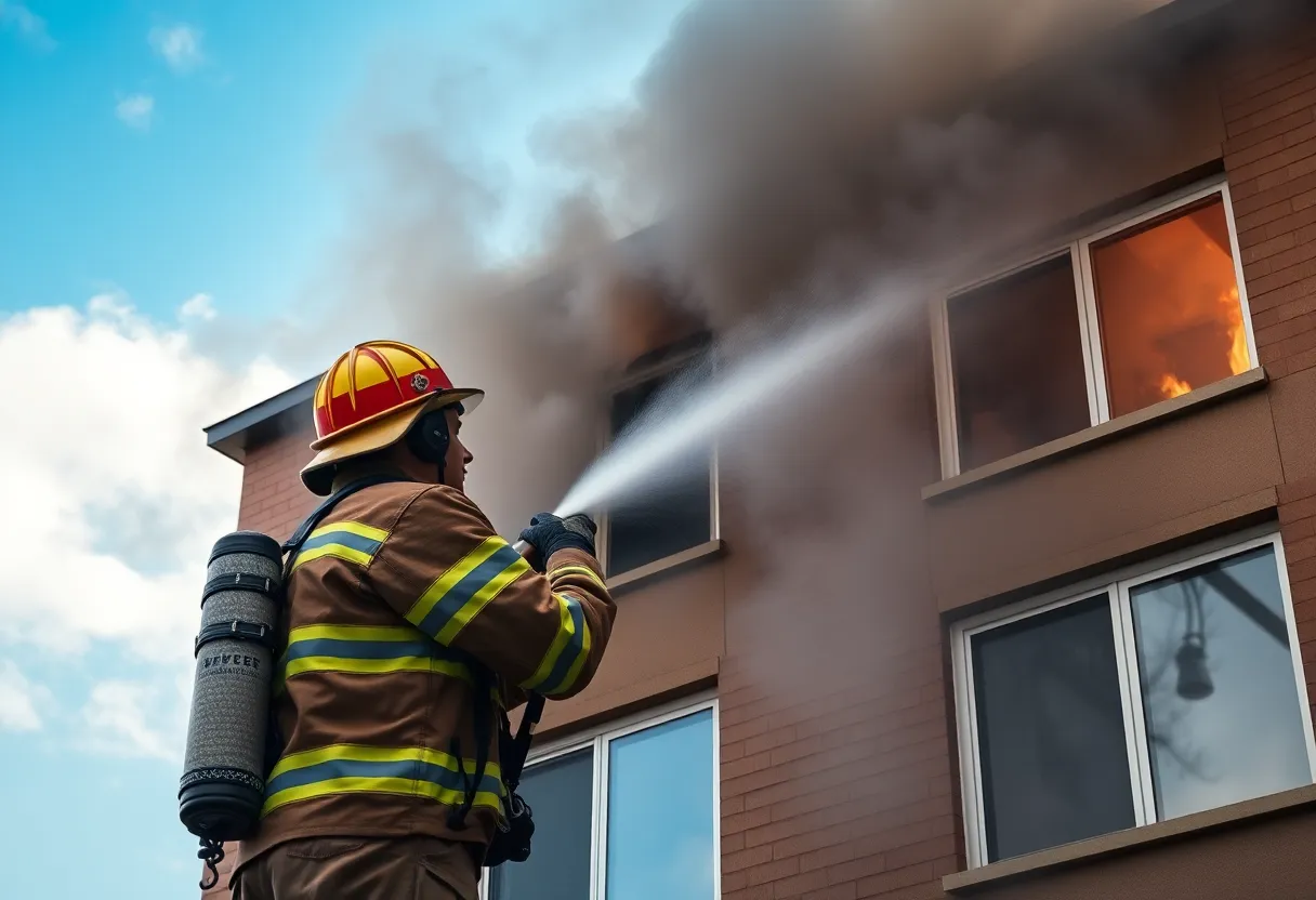 Firefighters responding to an apartment fire in Bristol VA, with visible smoke.