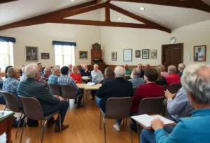 A community gathering at the Bristol Village Hall for a board meeting.