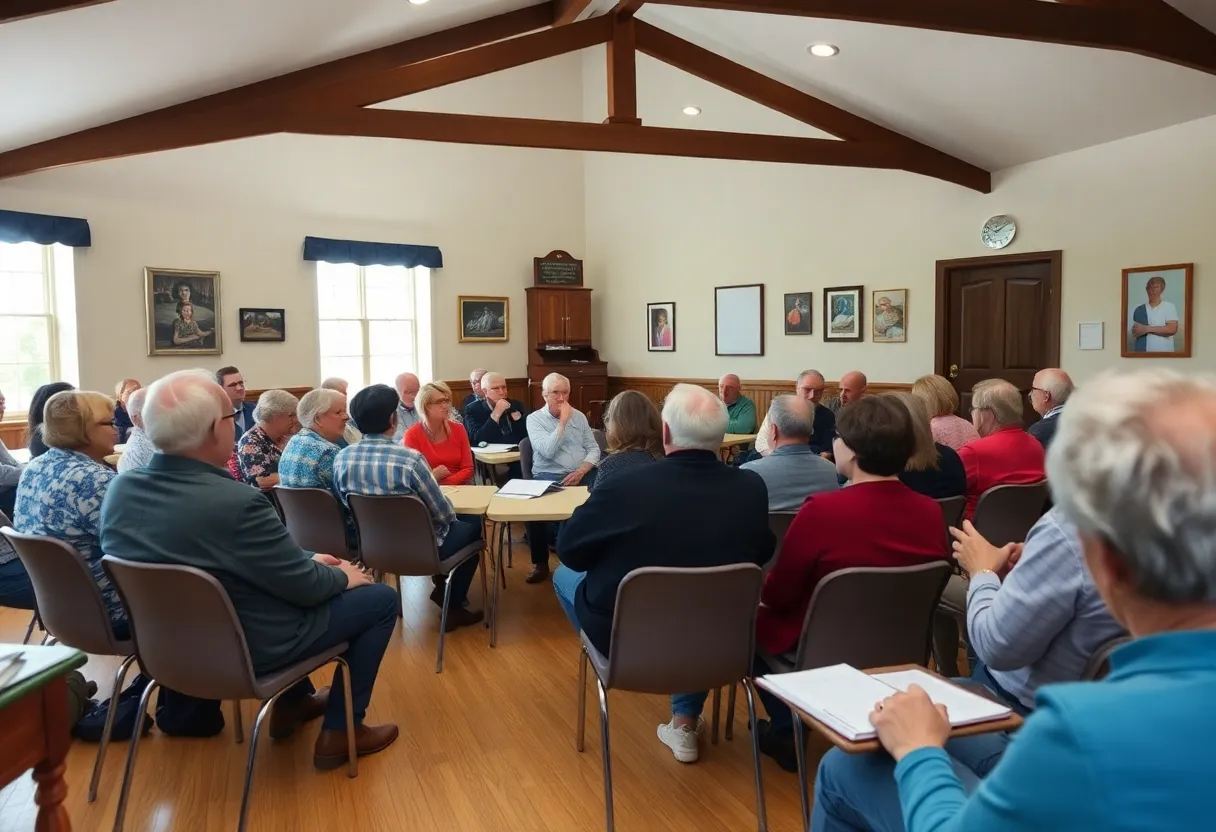 A community gathering at the Bristol Village Hall for a board meeting.