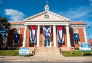 City Hall of Bristol, Virginia with election campaign signage