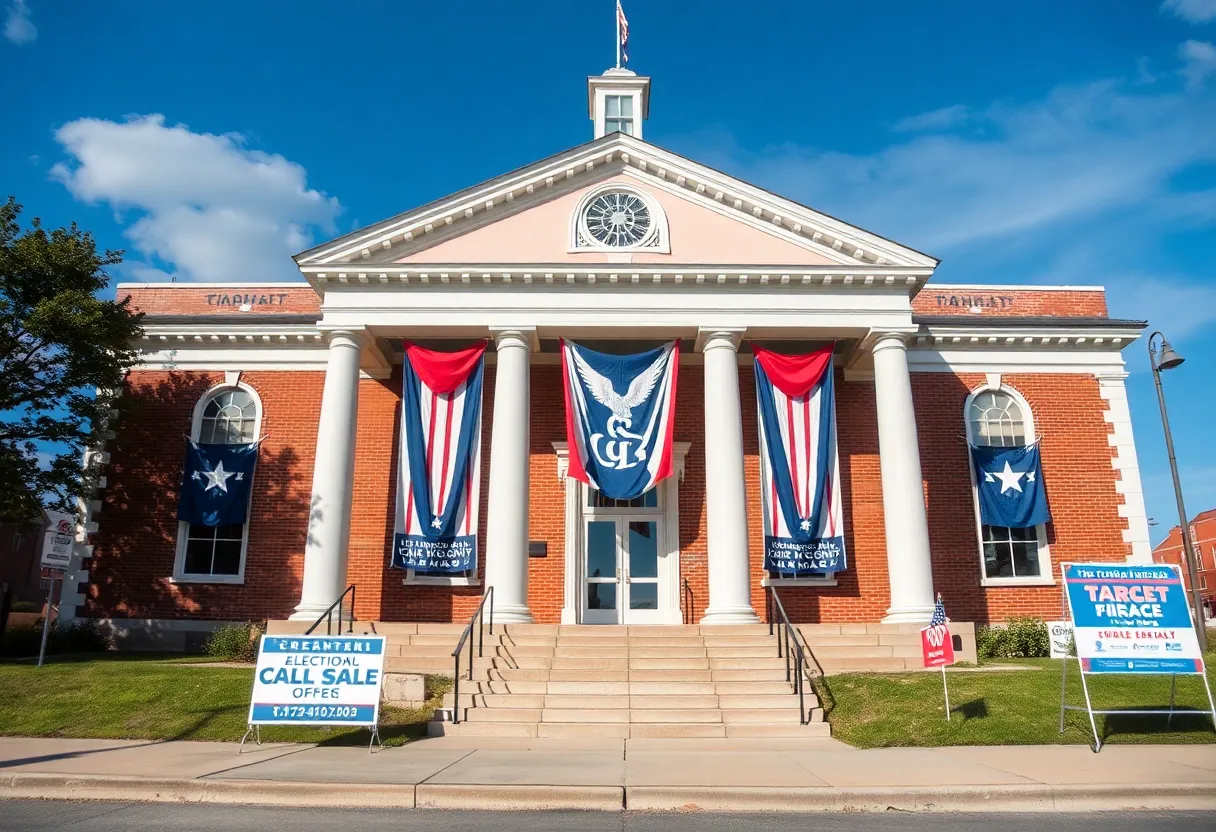 City Hall of Bristol, Virginia with election campaign signage