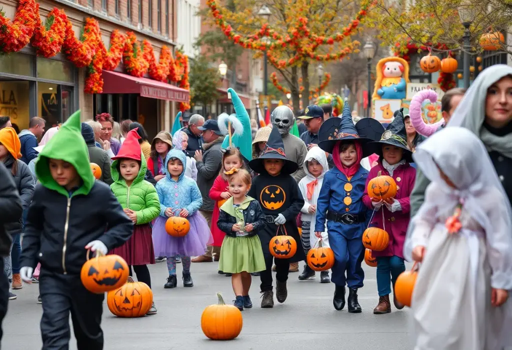 Families enjoying Halloween festivities in Bristol with pumpkins and costumes