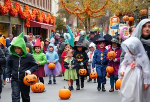 Families enjoying Halloween festivities in Bristol with pumpkins and costumes