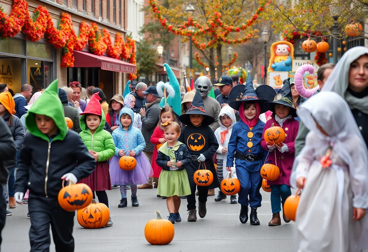 Families enjoying Halloween festivities in Bristol with pumpkins and costumes