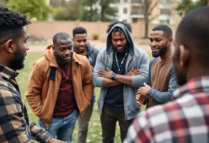Men mentoring young boys outdoors
