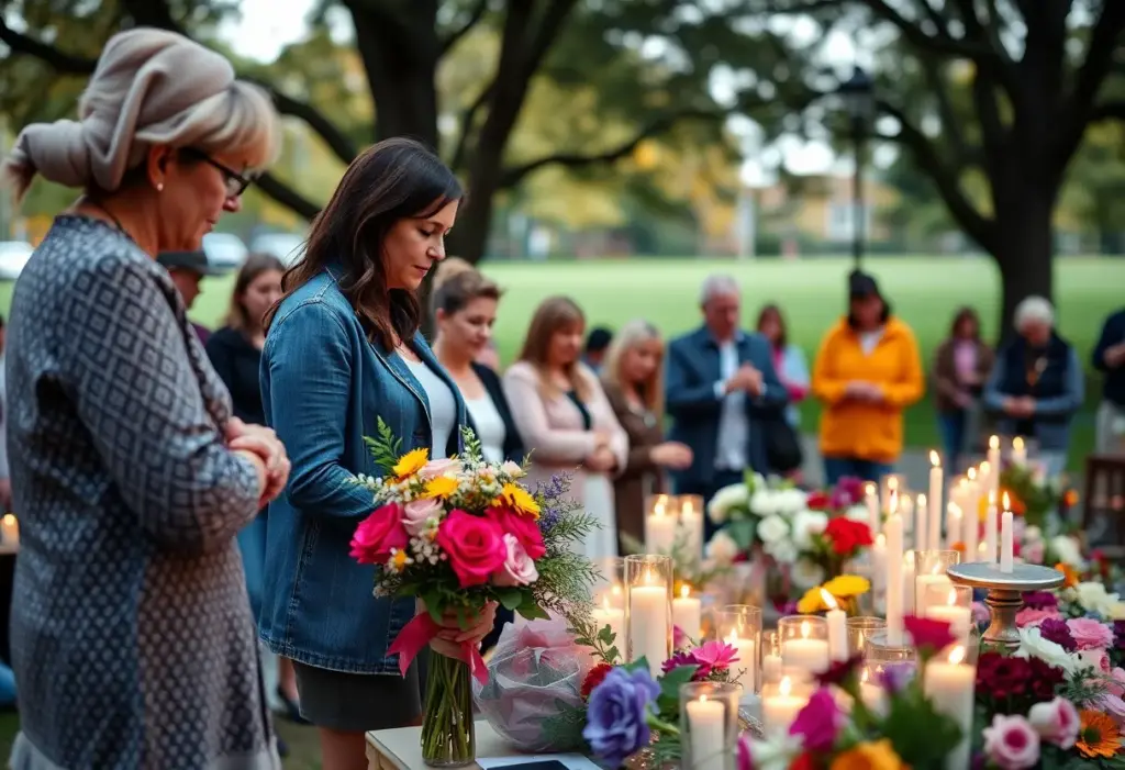 Community members gather to honor Joanne Christian Modlin's legacy with flowers and candles.