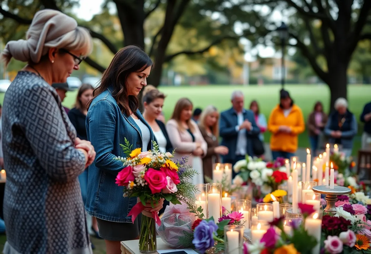 Community members gather to honor Joanne Christian Modlin's legacy with flowers and candles.