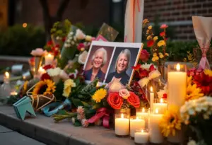 Community tribute scene with flowers and candles