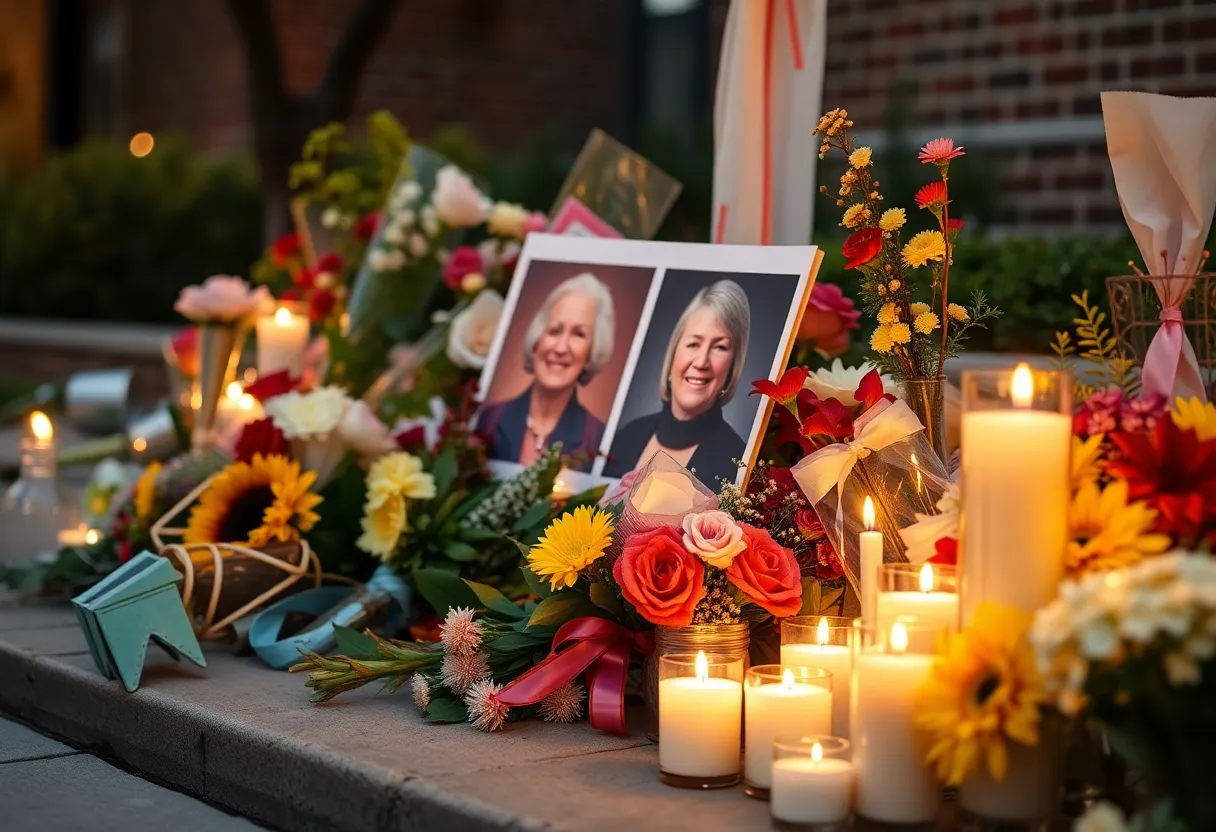 Community tribute scene with flowers and candles