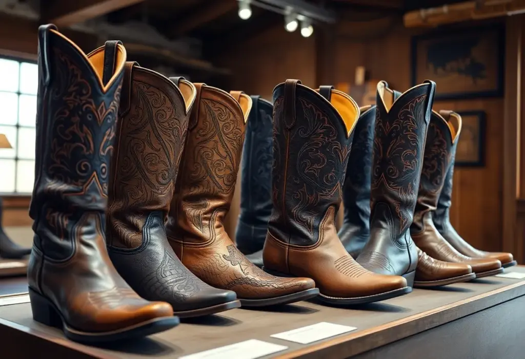 Display of unique cowboy boots in a museum.