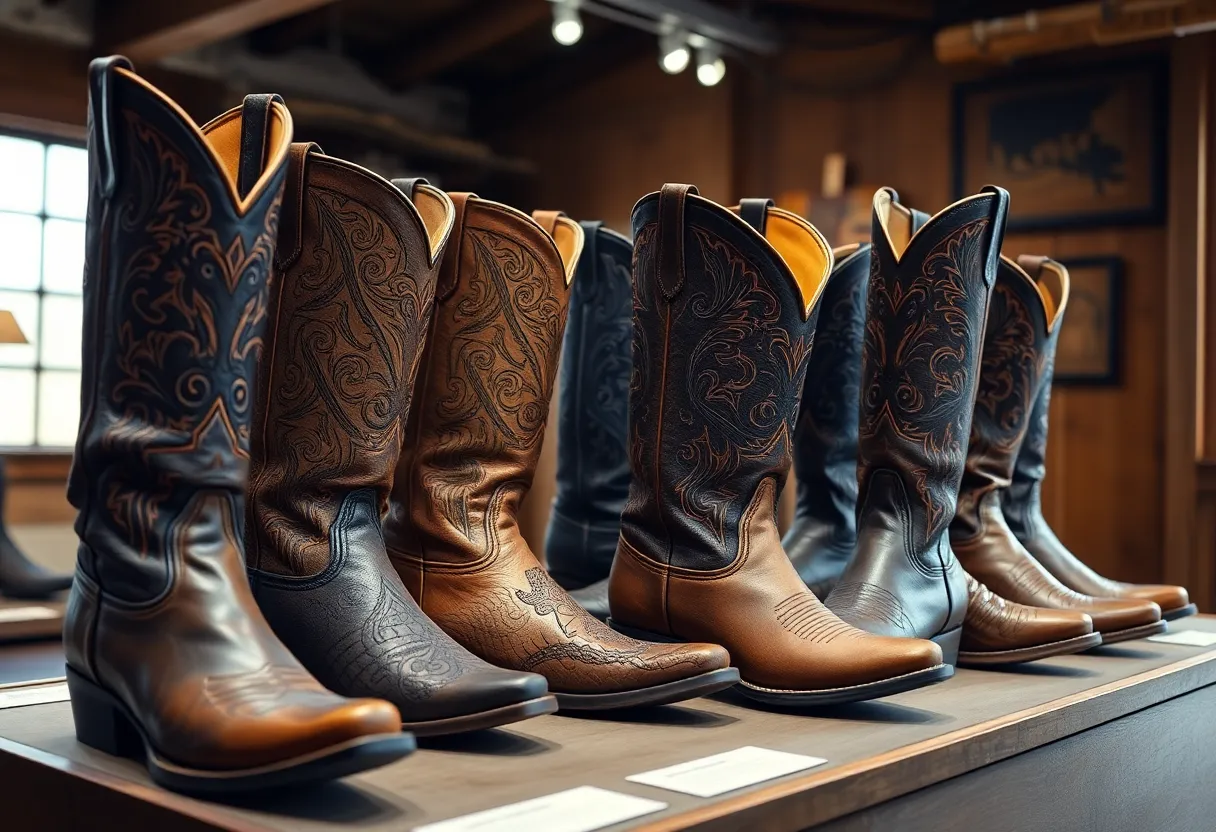 Display of unique cowboy boots in a museum.