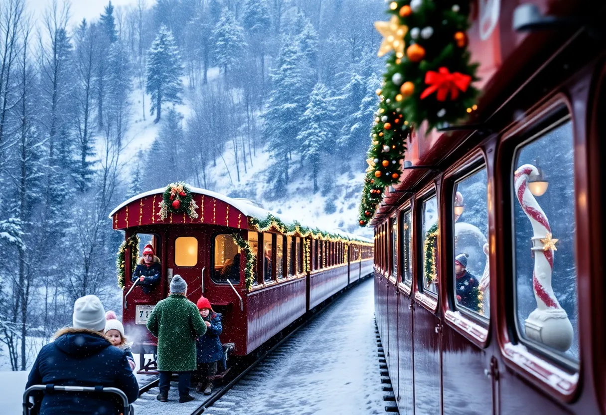 CSX Santa Train decorated for the holidays traveling through the Appalachian mountains
