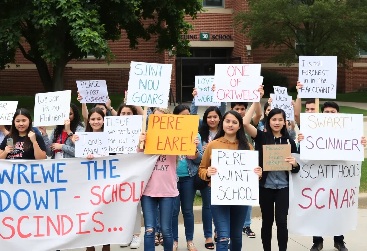 Protests at David Douglas High School with diverse students holding signs.