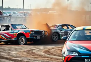Cars colliding during the DEMO3 demolition derby at Bristol Motor Speedway.