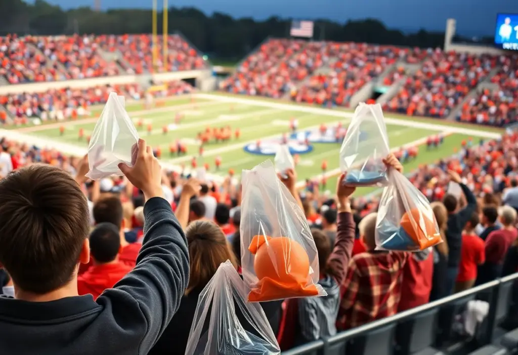 Fans at a Dobyns-Bennett High School football game adhering to the clear bag policy.