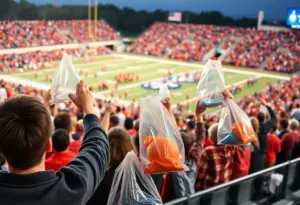 Fans at a Dobyns-Bennett High School football game adhering to the clear bag policy.
