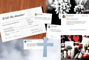 Symbolic representation of a donation fund and social media chatter about miscommunication.