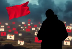 A tense moment illustrating themes of domestic terrorism and online hate in a film setting.