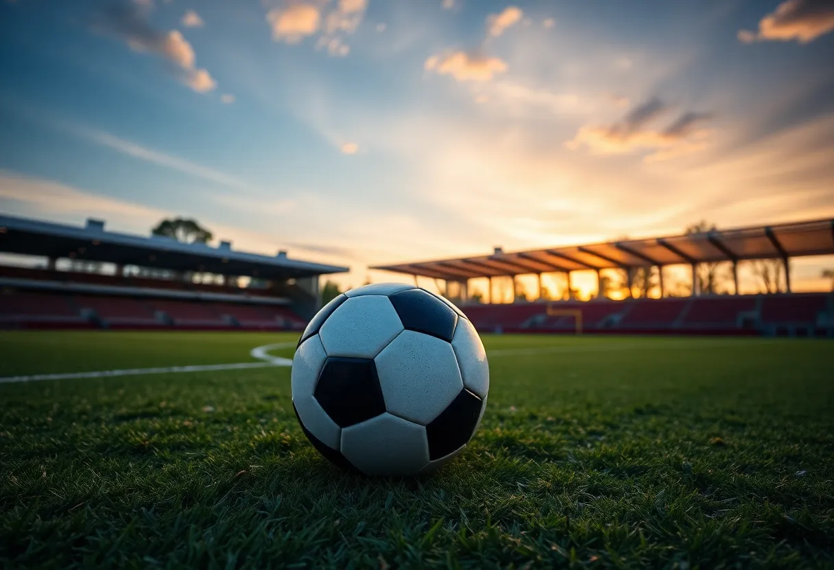 Soccer field during sunset with a soccer ball.