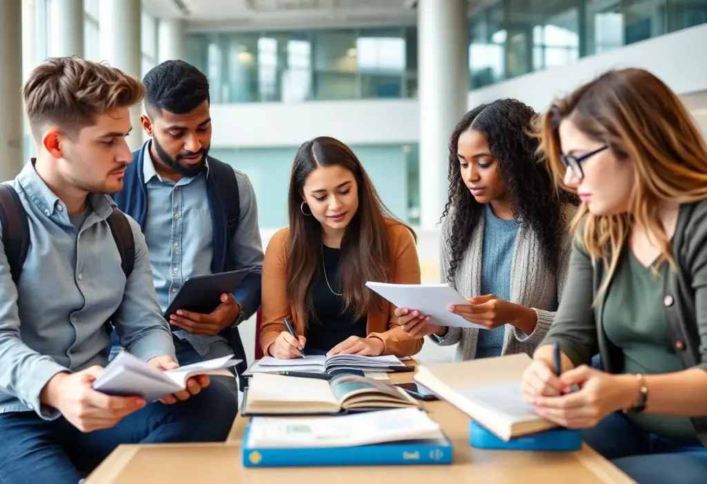 Students at a university campus discussing financial challenges