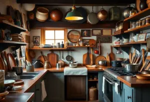 A cozy kitchen environment showcasing cooking tools and historical elements.