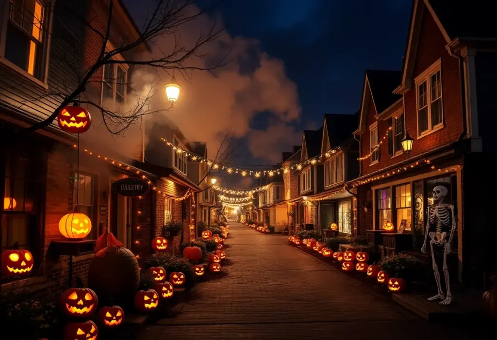 Decorated street for Halloween with pumpkins and skeletons in Gray, Tennessee.