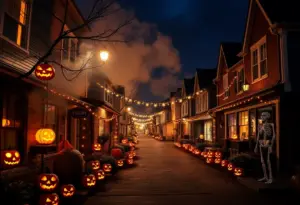 Decorated street for Halloween with pumpkins and skeletons in Gray, Tennessee.