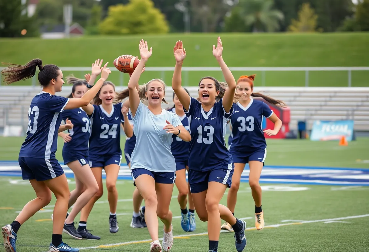Female flag football players celebrating their championship victory