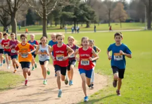 Young student athletes running in a cross country event at Steele Creek Park