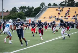 Players engaged in a high school football game on the field.