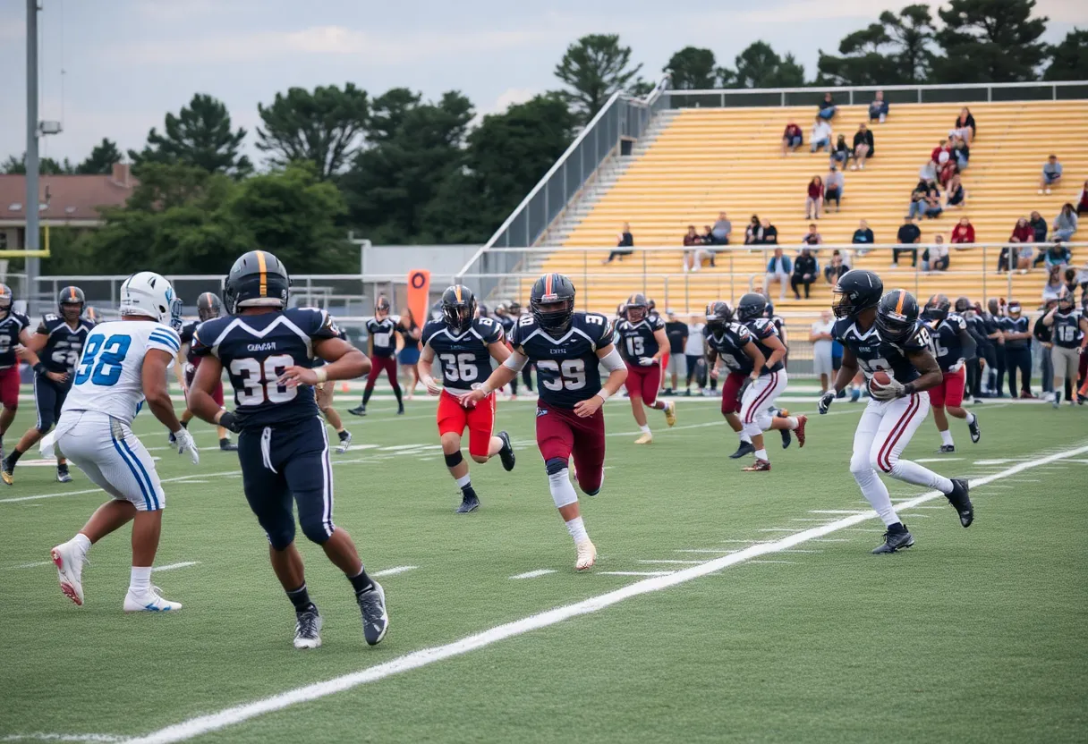 Players engaged in a high school football game on the field.
