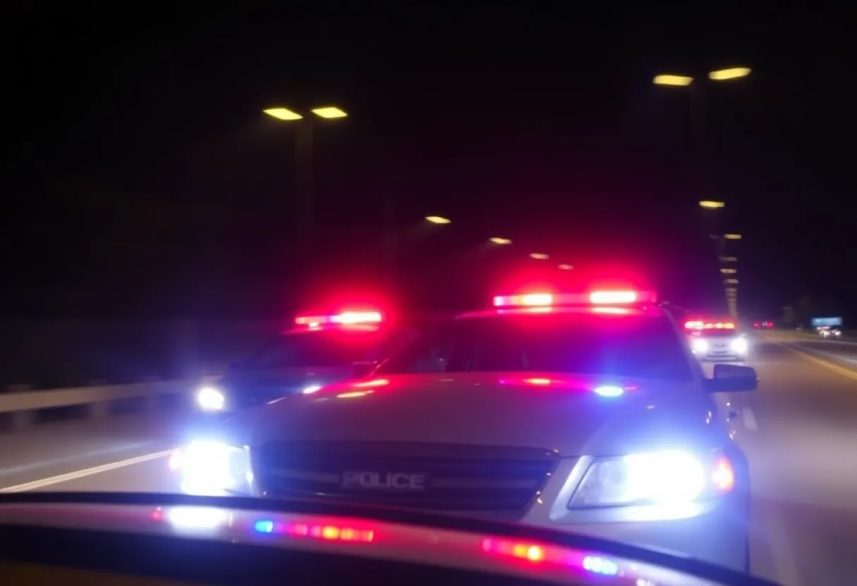 Police lights during a high-speed chase at night