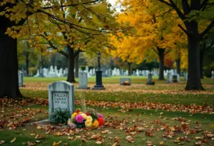 Graveside service site with autumn leaves and flowers.