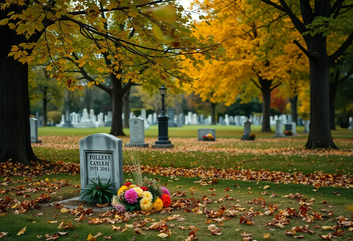 Graveside service site with autumn leaves and flowers.