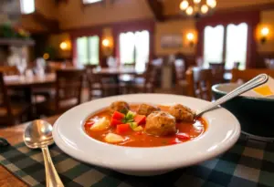 A bowl of classic Italian wedding soup served in a rustic dining room