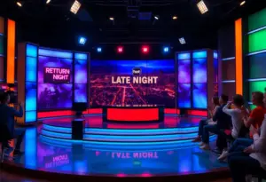 The set of a late-night show with colorful lights and an engaged audience.