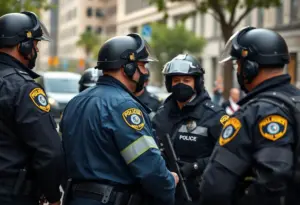 Law enforcement officers collaborating for community safety in a city.