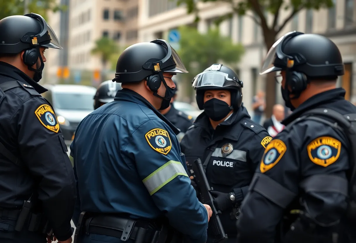 Law enforcement officers collaborating for community safety in a city.