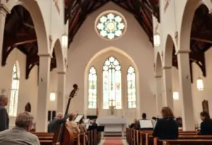 Peaceful church interior with musical instruments