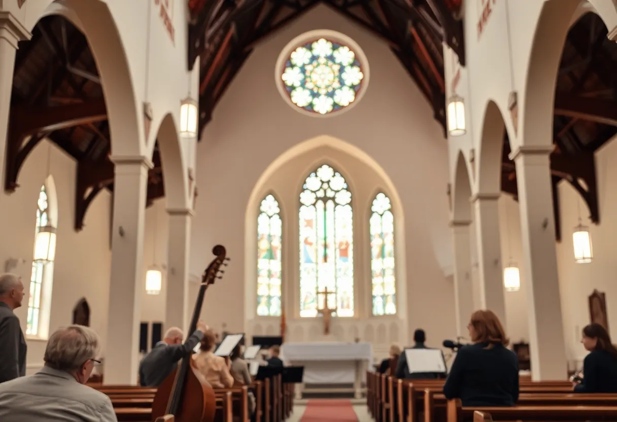 Peaceful church interior with musical instruments