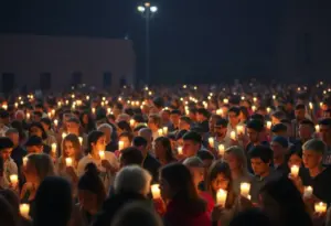 Attendees at the memorial service lighting candles and showing support.