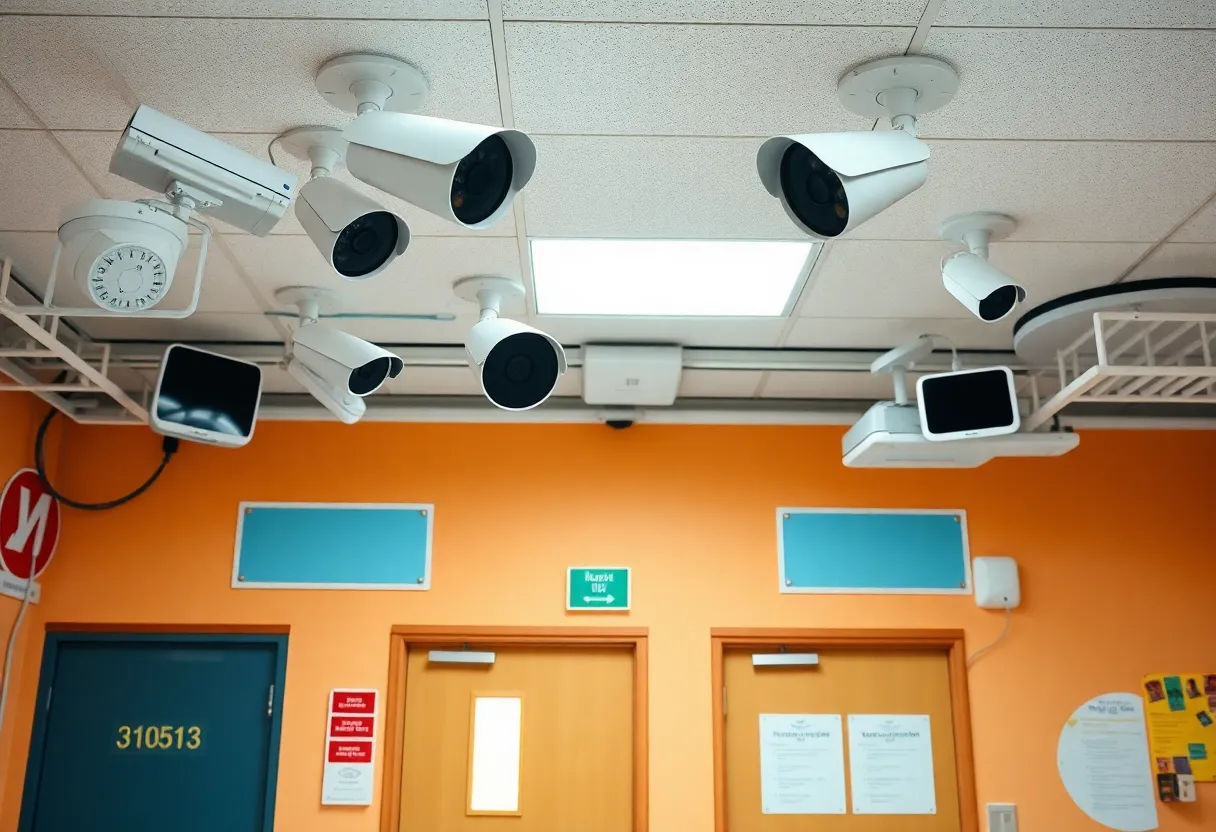 A setup of modern school security systems including cameras and access controls.