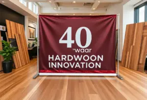 Commemorative banner for Mullican Flooring's 40th anniversary with elegant hardwood samples.