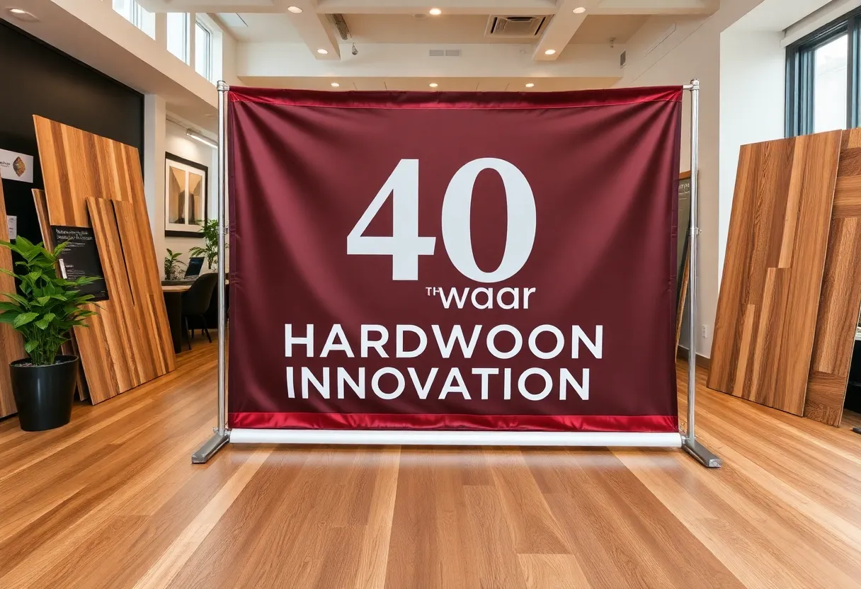 Commemorative banner for Mullican Flooring's 40th anniversary with elegant hardwood samples.