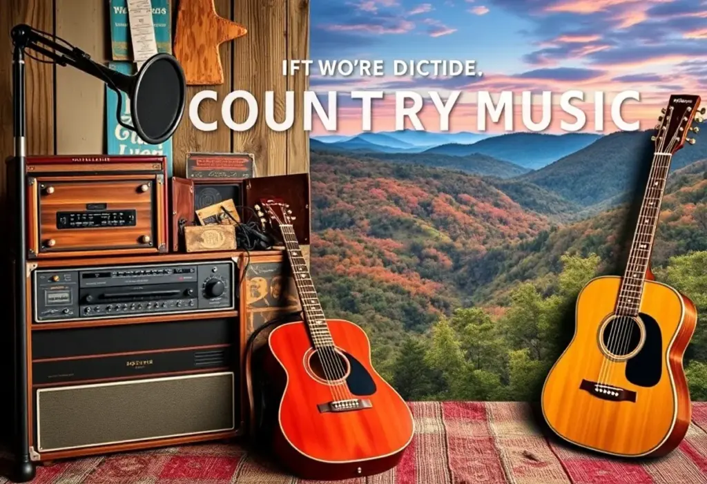 Collage of country music history featuring Appalachian landscapes and recording equipment